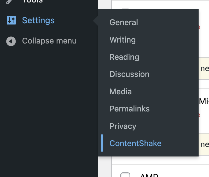Dropdown menu of the Settings option in WordPress. Among all options such as General, Writing, Reading, and so on, the ContentShake plugin option is highlighted with blue.