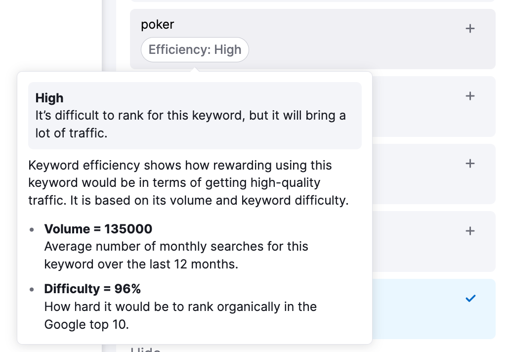 Hover over the efficiency ranking of a keyword to see more explanation, as well as the volume and difficulty metrics.