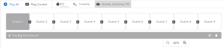 The lower post editor menu, which only appears for videos. From left to right, it shows: Play All, Play Current, Time (in the example, it's 8 seconds), Timeline, and Scenes (currently showing).