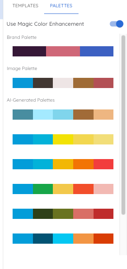 The Palettes menu showing a variety of color options, including brand colors, colors pulled from the image, and AI-generated options.