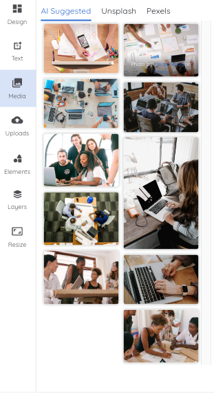 The Media menu, which includes three tabs, from left to right: AI Suggested, Unsplash, Pexels. Each tab contains a variety of images for your use.