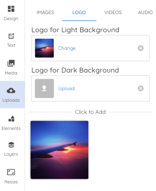 The Uploads tab showing the logo menu, along with a previously uploaded brand logo.