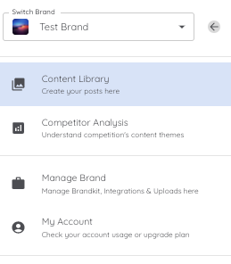 The expanded navigation menu, showing the currently active brand, Content Library, Competitor Analysis, Manage Brand, and My Account links.