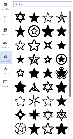 The Elements section with a search query of "star," showing a variety of black and white star graphics.