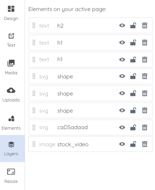 The Layers menu, showing a list of layers on the post being edited. Each layer has a descriptive label, an eye icon, a lock icon, and a trash icon.