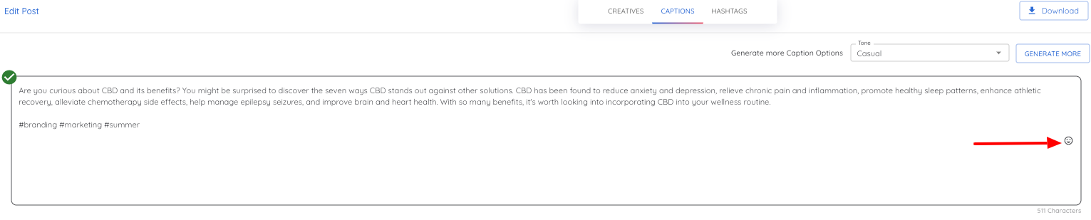 The Captions section with a red arrow pointing to the smiley face icon on the right side of the text editor. Click this to add emoji to your caption.