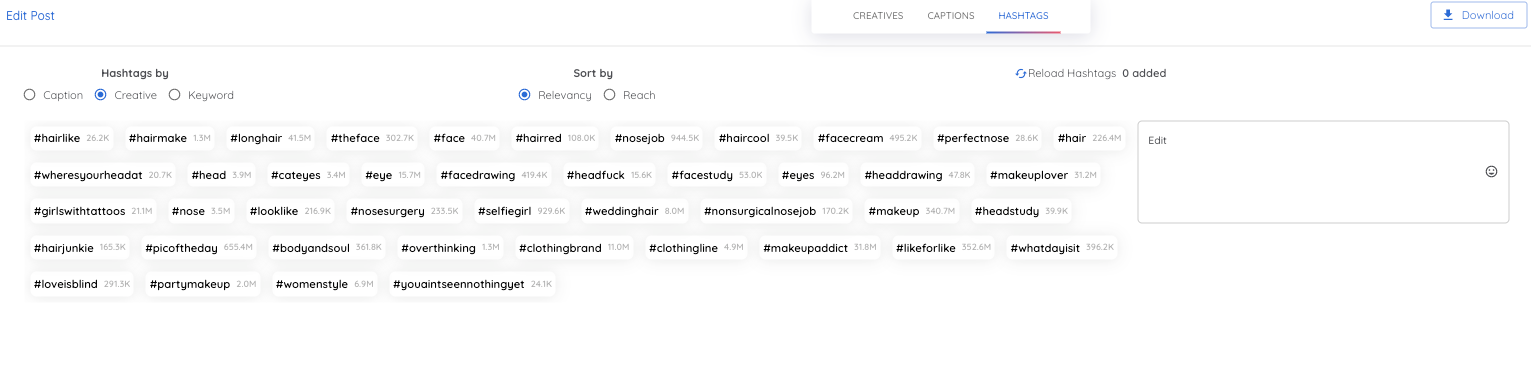 The Hashtags section of the post editor, with a list of AI-suggested hashtags on the left, and a text editor on the right.