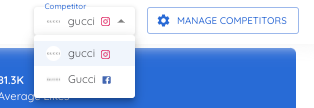 The competitor drop-down menu, to the left of the Manage Competitors button. Expanded, it shows all the competitor profiles you've added to the tool, with the currently active one highlighted in gray. Click on the handle you want to analyze to select it.