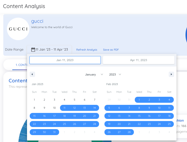The Competitor Analysis header with the date range menu expanded. The interface shows two calendar months, with the analyzed date range highlighted in blue.