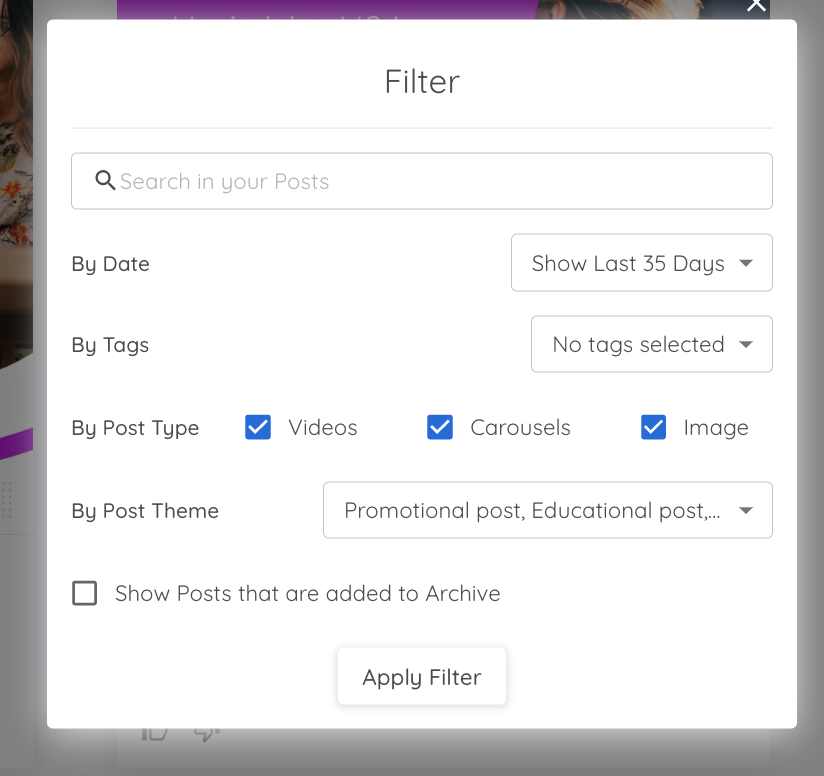 The app's filter interface. Here, you can search posts, or filter by date, tags, post type, or theme. Finally, you can click a check box to include archived posts.