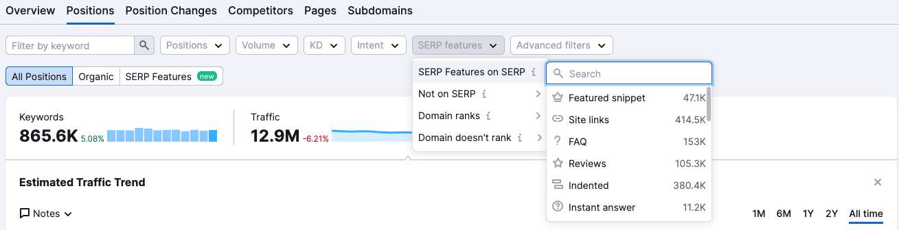 Example of the SERP features filter options. 