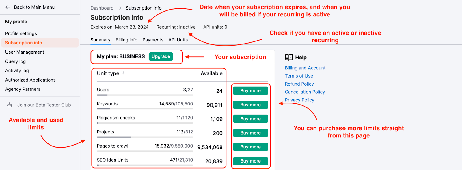 In this screenshot from the Summary tab in Subscription info, where you can find subscription expiration date, your level of subscription and subscription limits, etc