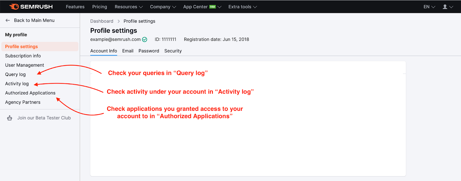 In this screenshot from the Profile Settings with red arrows pointing to Query Log, Activity Log, and Authorized Applications tabs.  