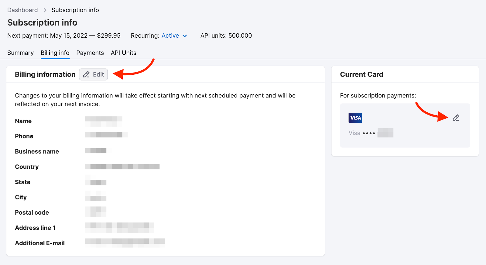 An example of the Billing info page with two red arrows pointing to the buttons to edit billing information and current credit card details. 