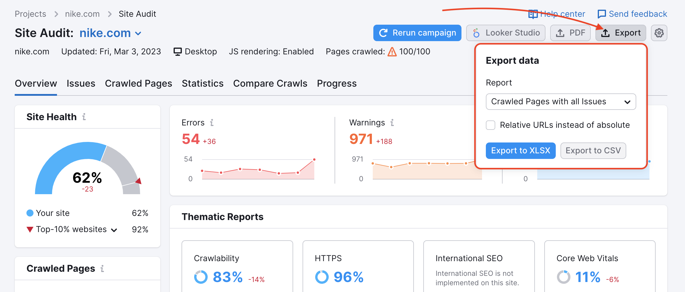 Exporting reports from Site Audit