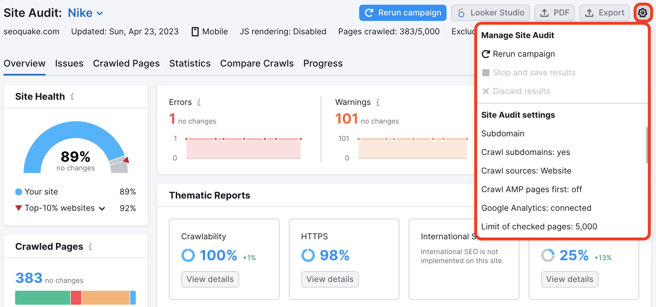 Where to find the settings in Site Audit. 