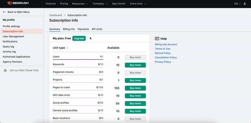 In this gif from the Summary tab in Subscription Info you can see how by clicking the "Upgrade" button a pop-up window with annual and monthly prices appears. 