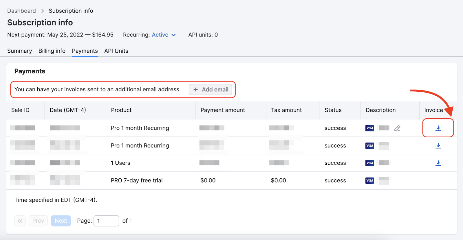 In this screenshot from Payments, a red rectangle is highlighting the area where you can add an additional email for invoices, and a red arrow is pointing to the icon that allows to download invoices. 