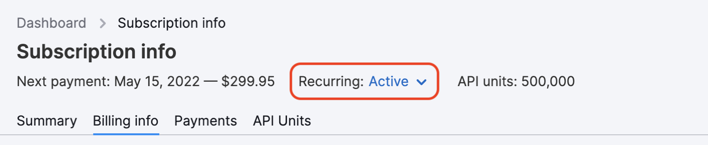 In this screenshot from Subscription info, a red rectangle is highlighting the status of the subscription 'Recurring: active"