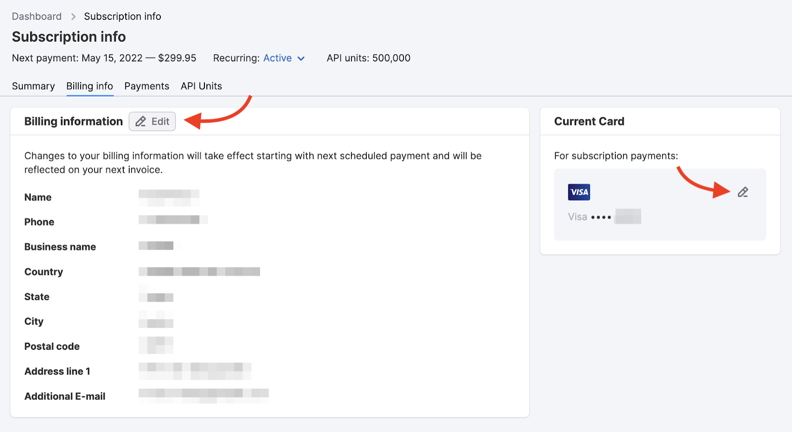 In this screenshot from Billing info, two red arrows are pointing to the buttons to edit billing information and current credit card details. 