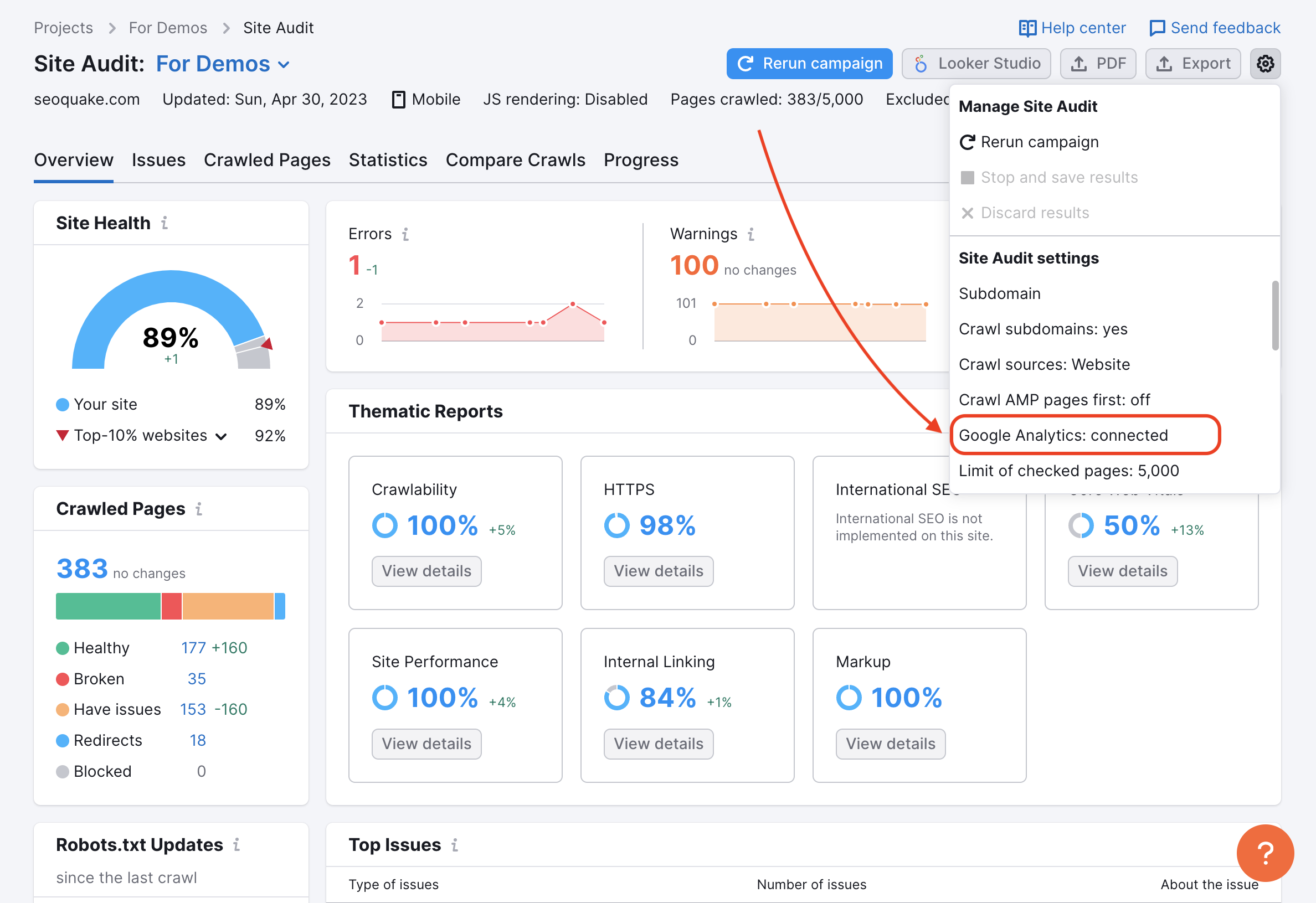 Where to find Google Analytics integration settings in Site Audit.