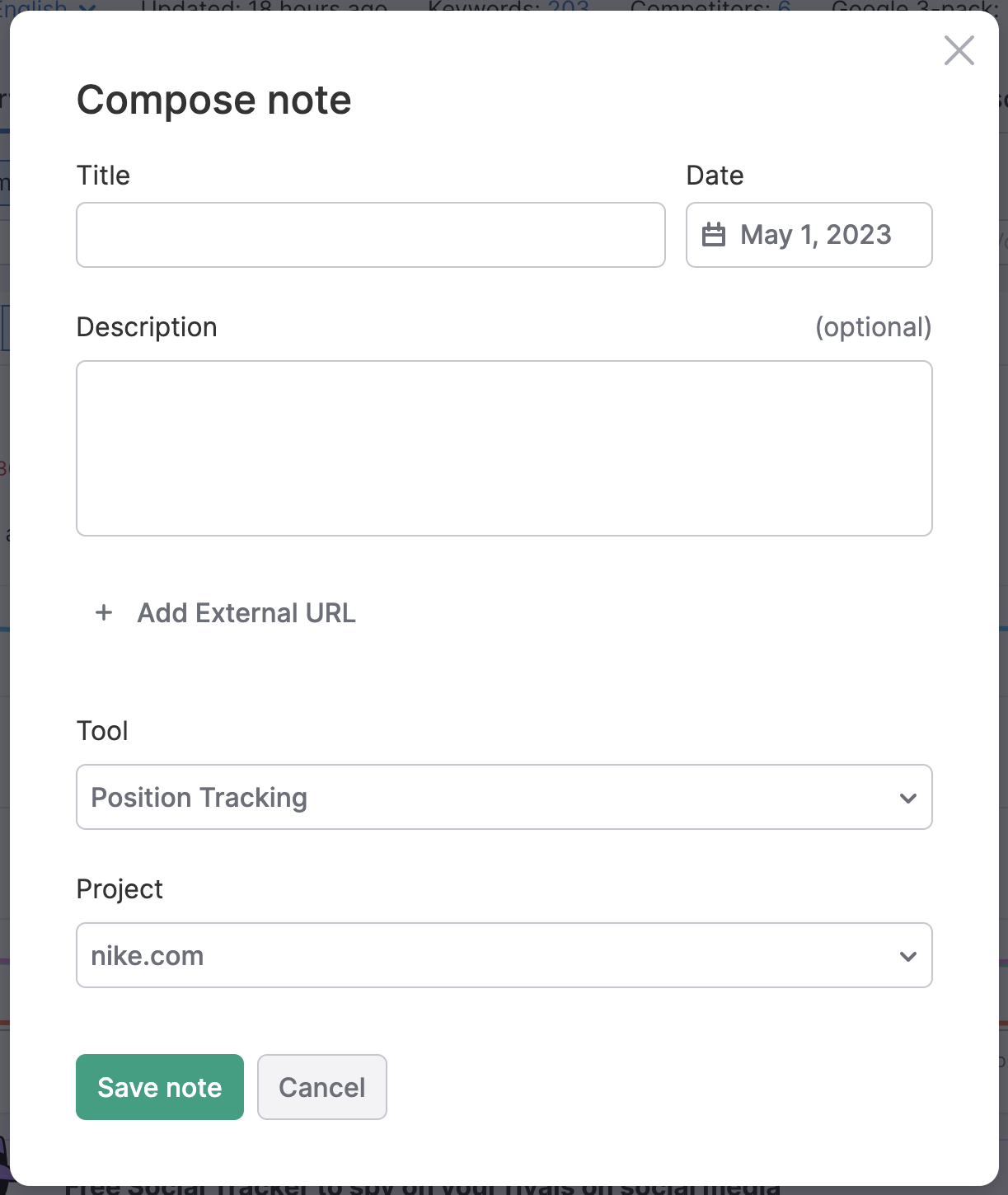 A pop-up window for a new note that appears in Position Tracking.