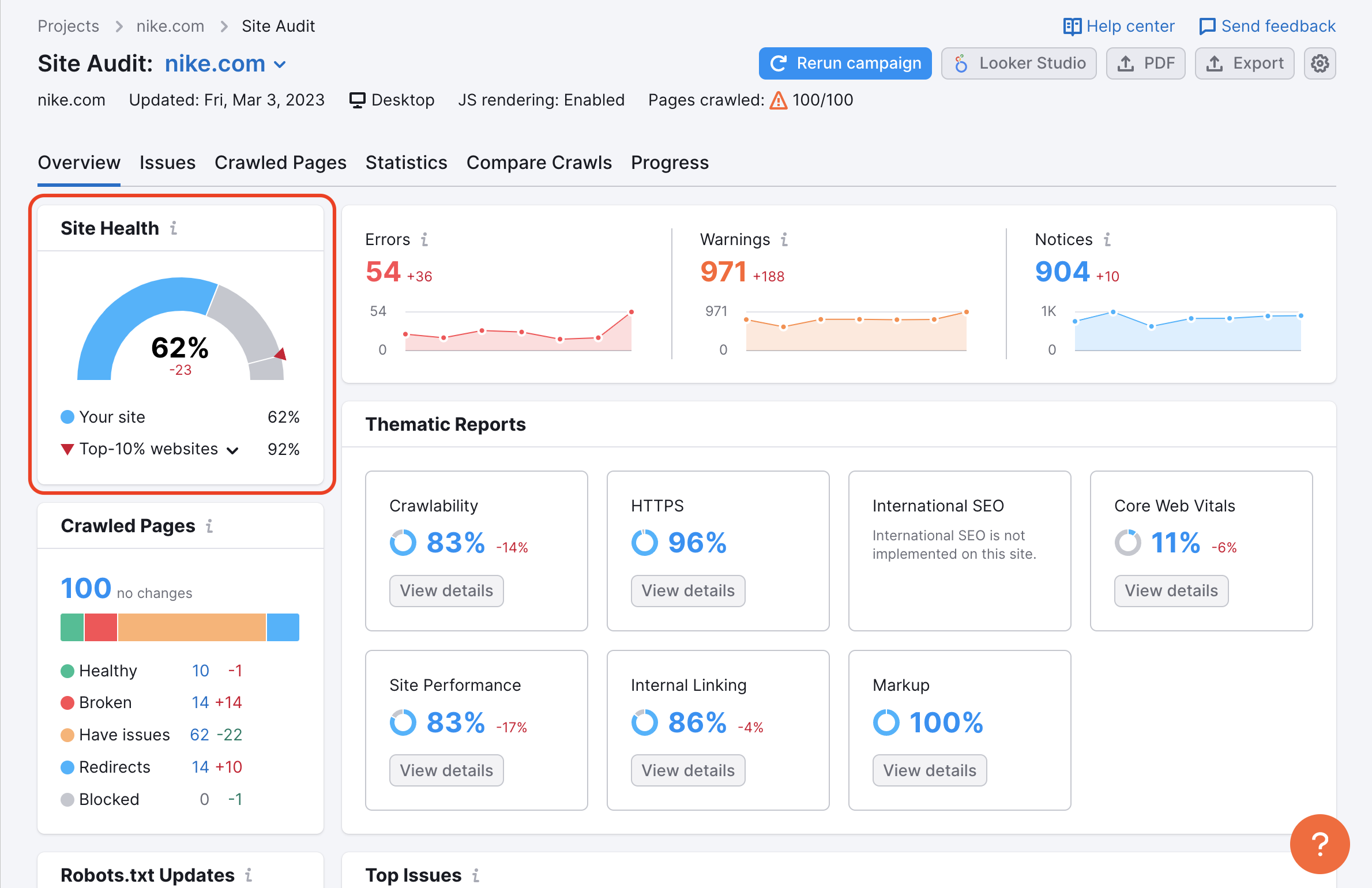 Informe Visión general de Auditoría del sitio. El widget de Site Health a la izquierda está resaltado.