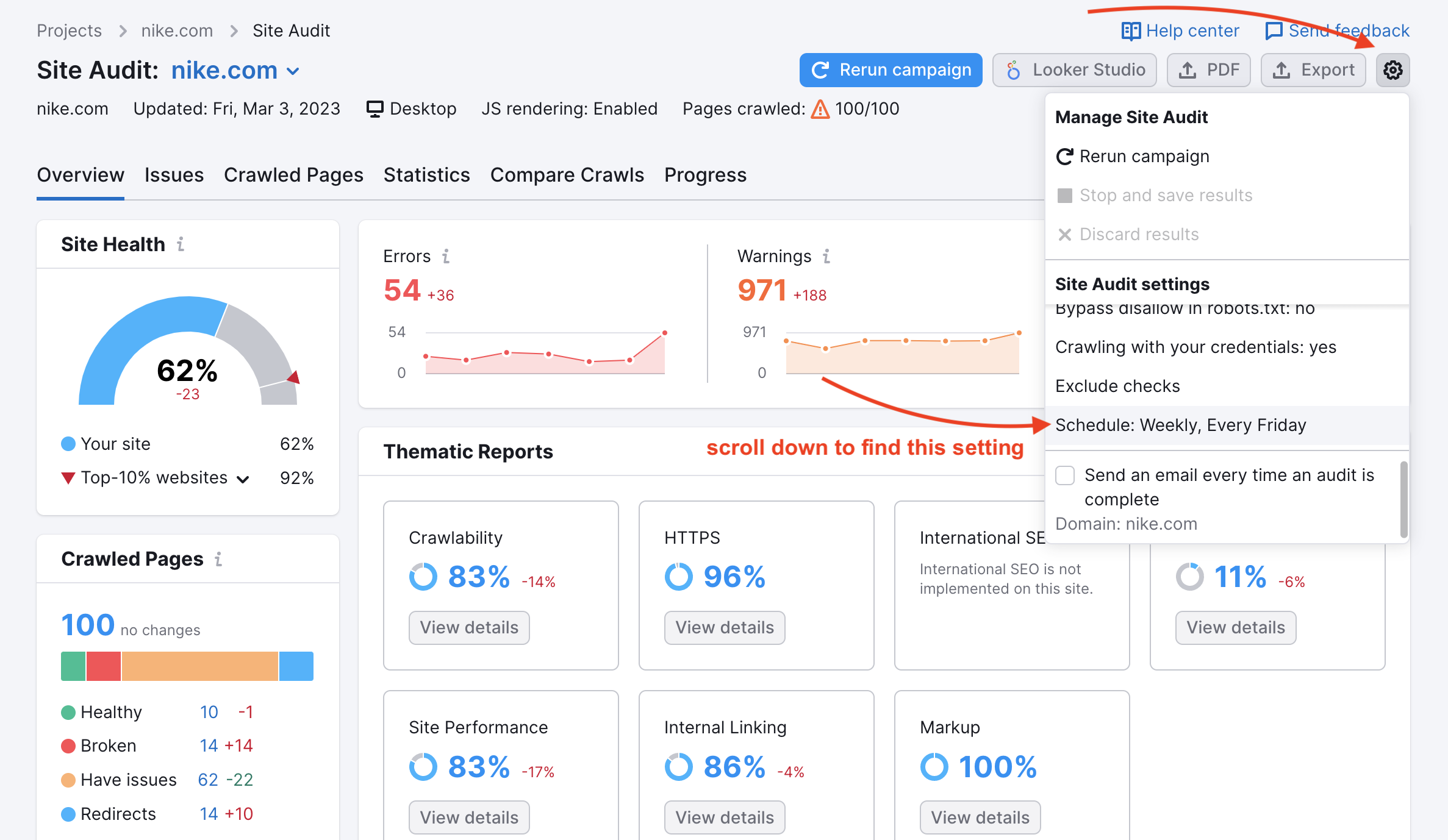 Where to find schedule parameters in the Site Audit settings menu.