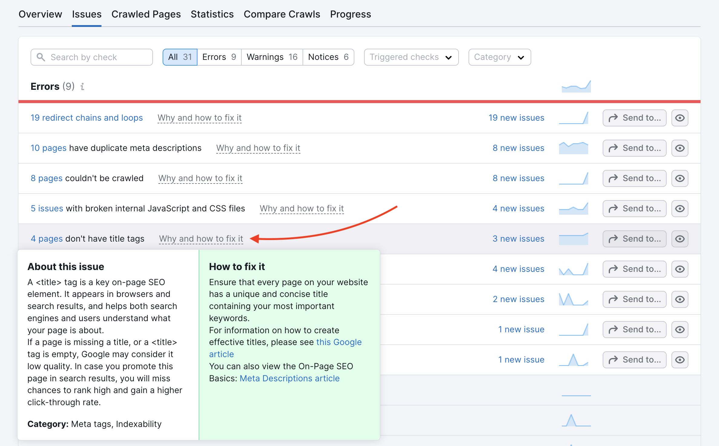 Where to find the tooltip for each issue reported by Site Audit.