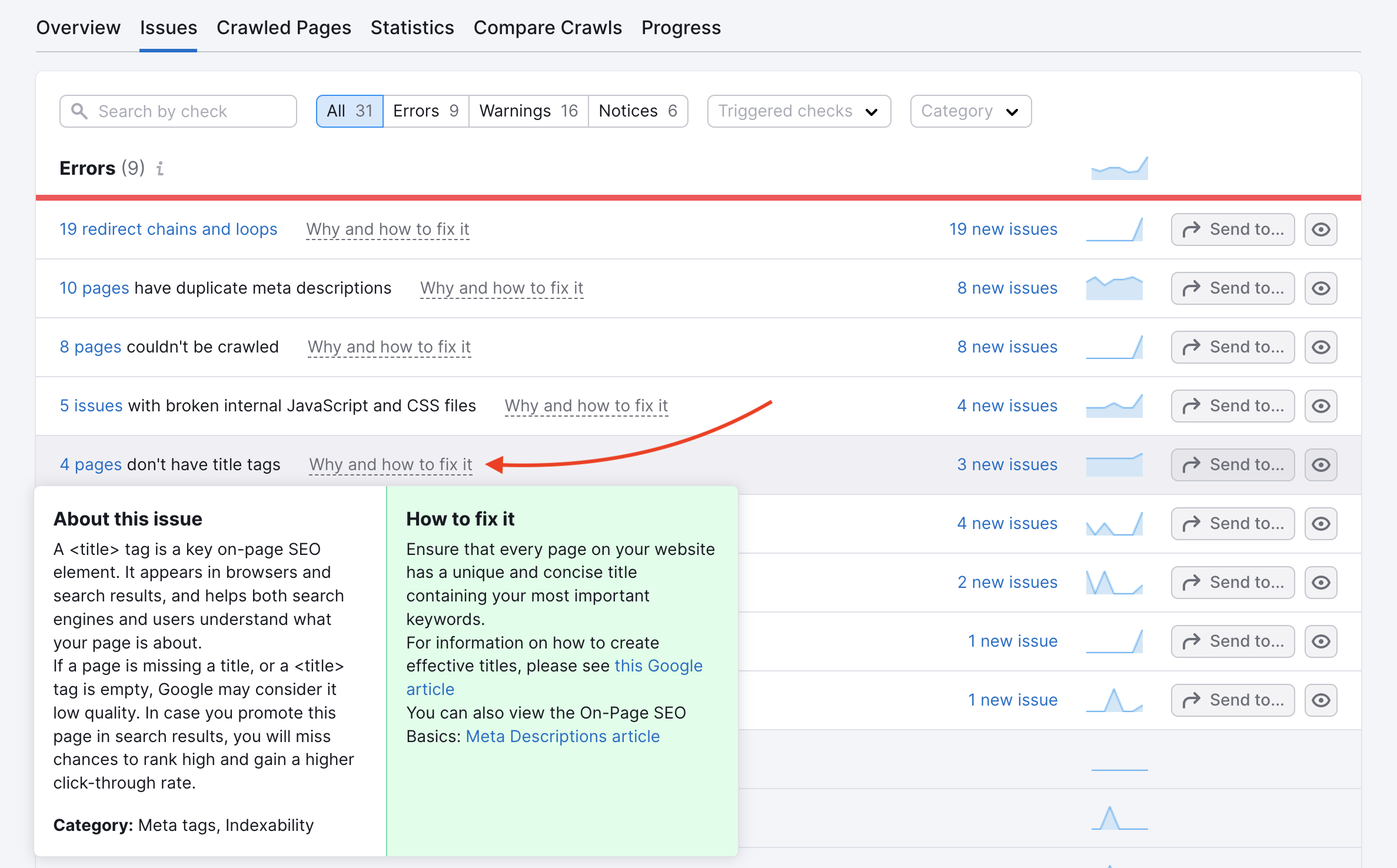 Exemplo do relatório Problemas na Auditoria de Site, demonstrando a lista de erros encontrados. Uma seta vermelha está apontando para o texto em cinza "Por que e como corrigir", sugerindo que você o utilize para abrir uma dica de ferramenta, conforme mostrado nesta captura de tela. A dica de ferramenta é uma pequena janela pop-up dividida em duas partes. Uma está com fundo branco, intitulada "Sobre este problema", e a segunda está intitulada "Como corrigir" e tem fundo verde claro.