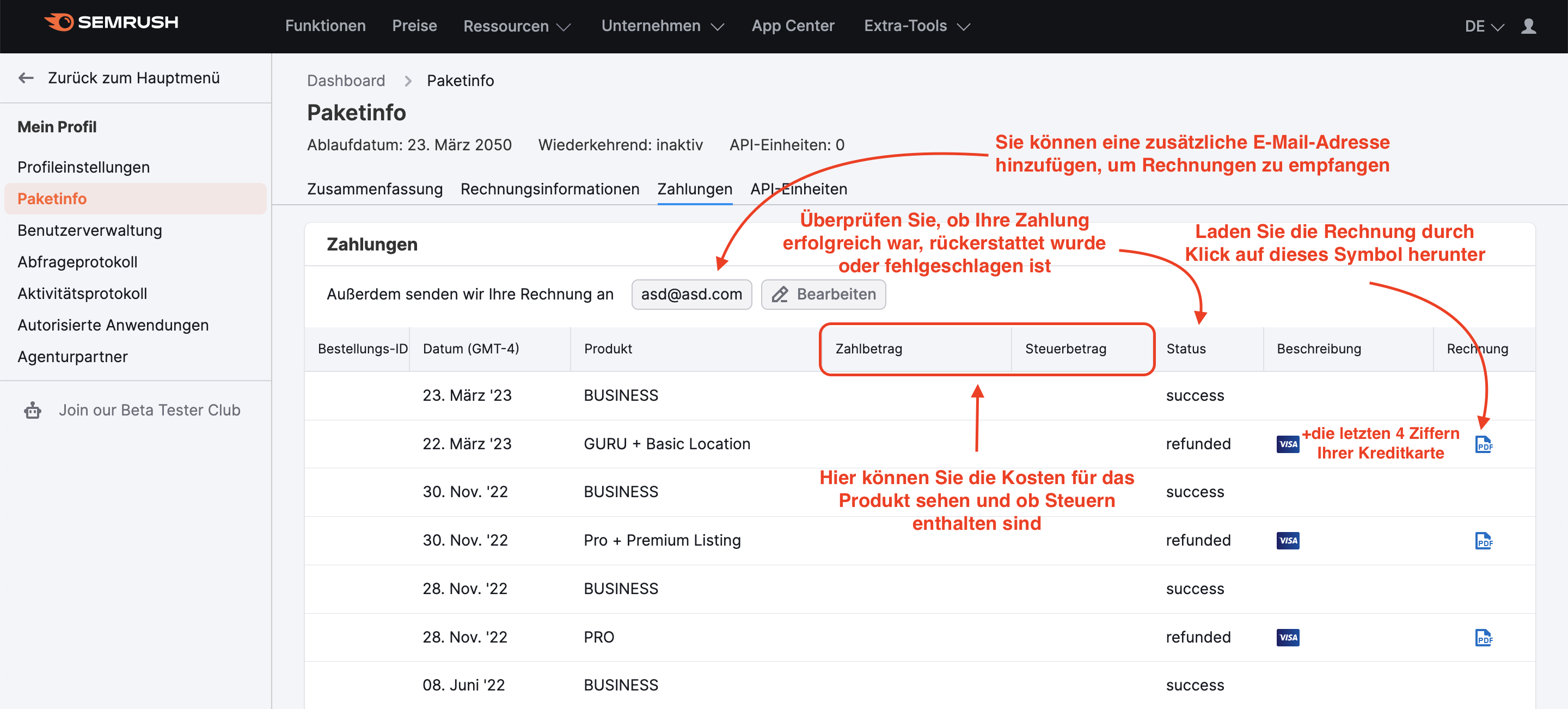 In this screenshot from the Payments tab in Subscription info, where you can find the history of your payments and invoices. 