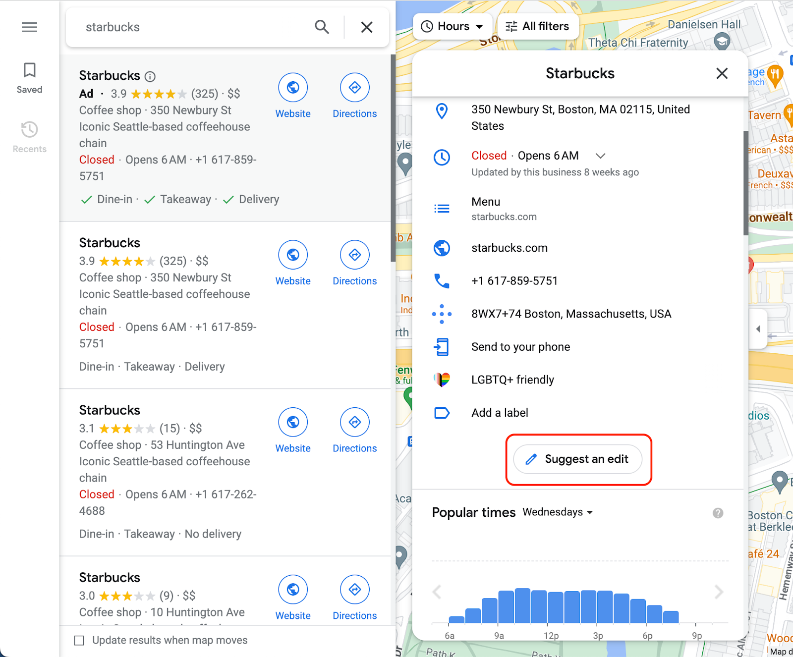 A screenshot from Google Local Pack, with a red rectangle that highlights the "Suggest an edit" button.