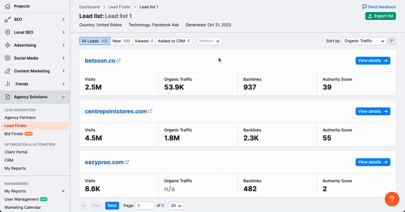Demonstration of how the Metrics filter works - user can add the desired number of visits, backlinks, Authority Score, and the amount of organic traffic as well.
