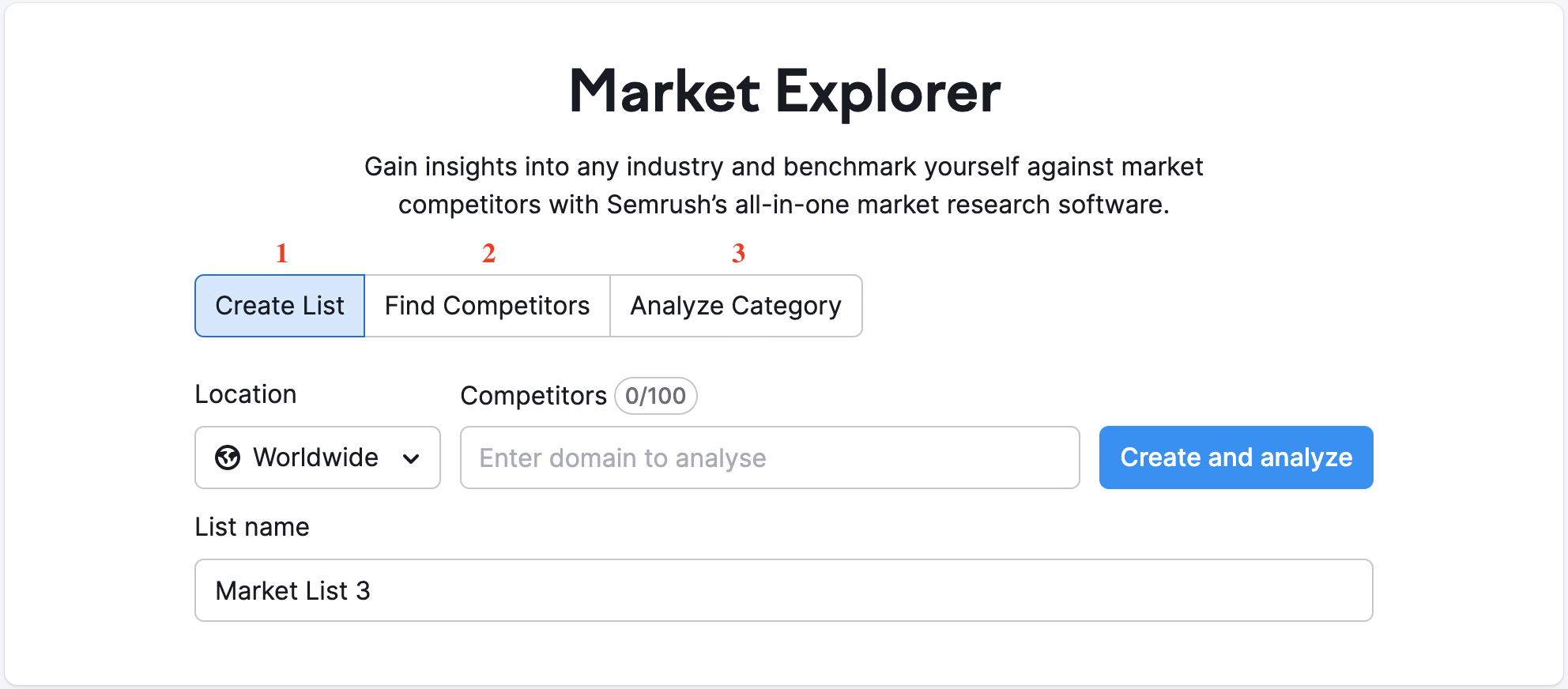 Landing-Page für Market Explorer mit drei verfügbaren Optionen, die mit roten Zahlen markiert sind: 1 – Liste erstellen, 2 – Mitbewerber finden, 3 – Kategorie analysieren.