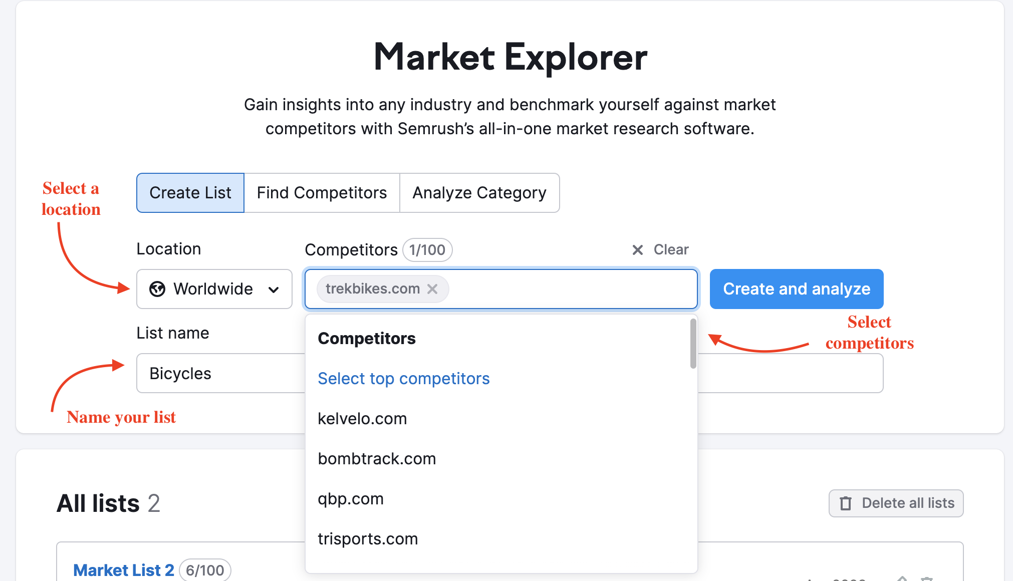 Market Explorer landing page with red arrows pointing to the Location button to select location, List Name, competitors, and a field to enter competitors with trekbikes.com as an example. When you start adding websites, a drop-down menu with possible competitors appears.