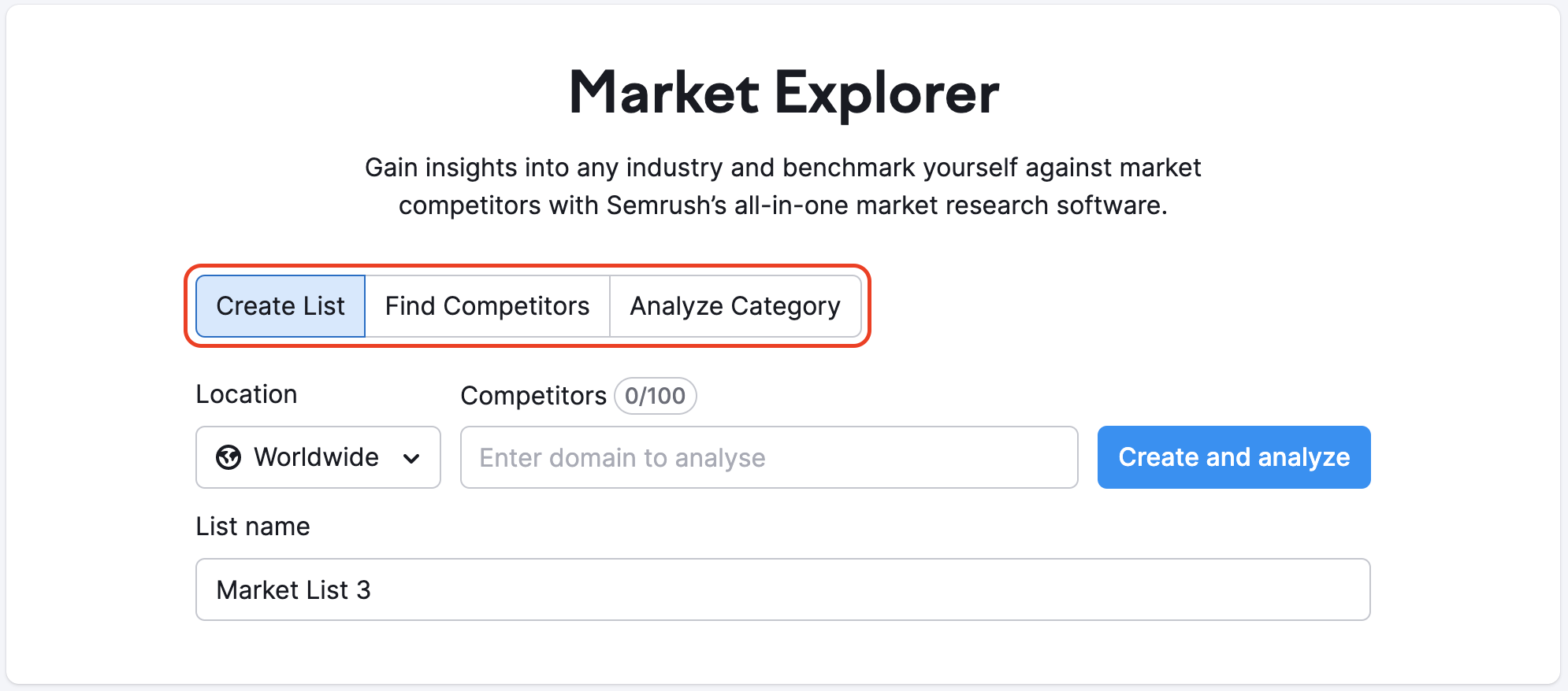 Market Explorer landing page with the button highlighted with a red rectangle: Create List, Find Competitors, and Analyze Category. 