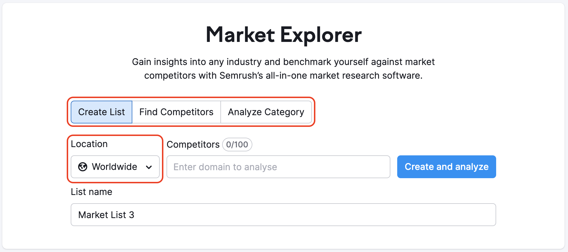 Market Explorer landing page with the buttons highlighted with a red rectangle: Create List, Find Competitors, Analyze Category, ad Location. 