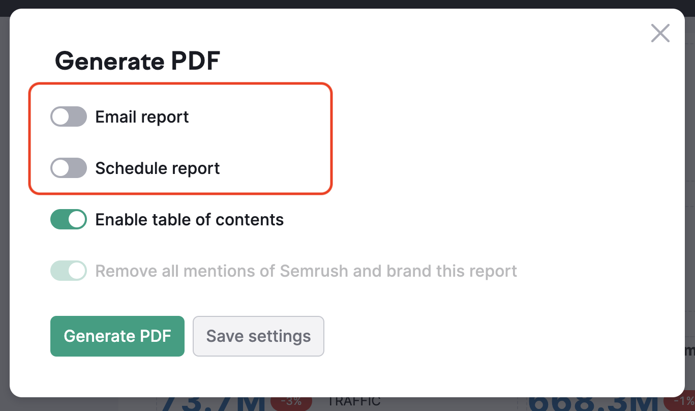 Uma janela pop-up com todas as opções fornecidas é exibida após selecionar o botão Gerar relatório em PDF. As opções Enviar relatório por e-mail e Agendar relatório estão destacadas e desativadas.