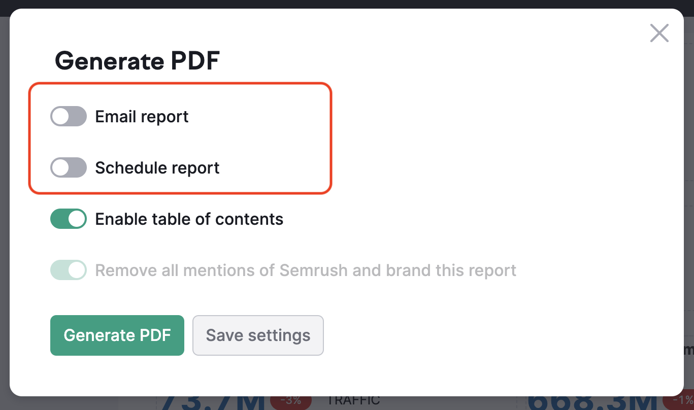 Ventana emergente con todas las opciones que aparece tras seleccionar el botón de Generar informe en PDF. Las opciones "Enviar informe por e-mail" y "Programar informe" están resaltadas y desactivadas.