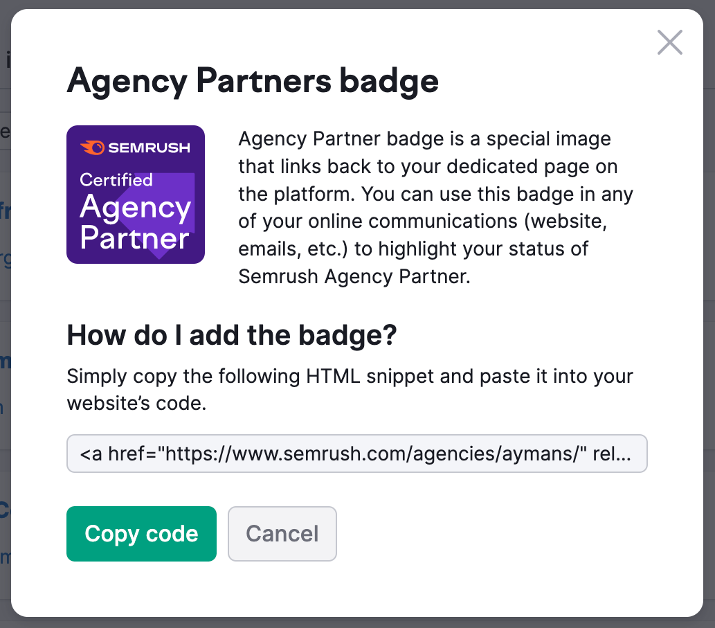 A pop-up window with a preview of the Agency Partner badge and an explanation of how it works. An HTML code is provided below that allows inserting a badge anywhere in a website's source code.