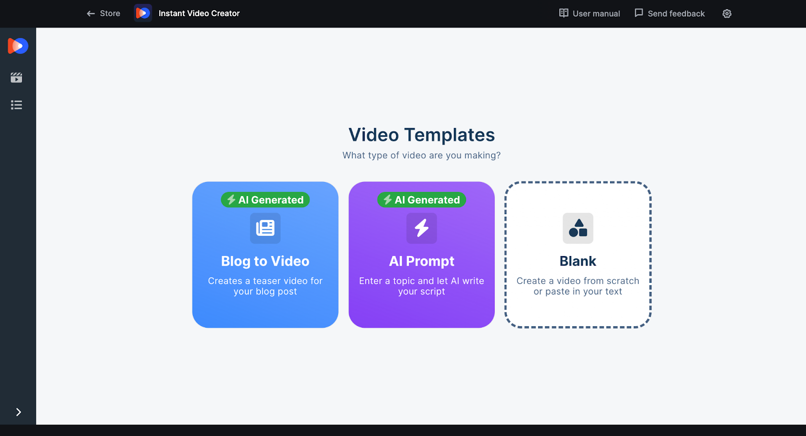 Video template options: Blog to Video, AI Prompt, and Blank.