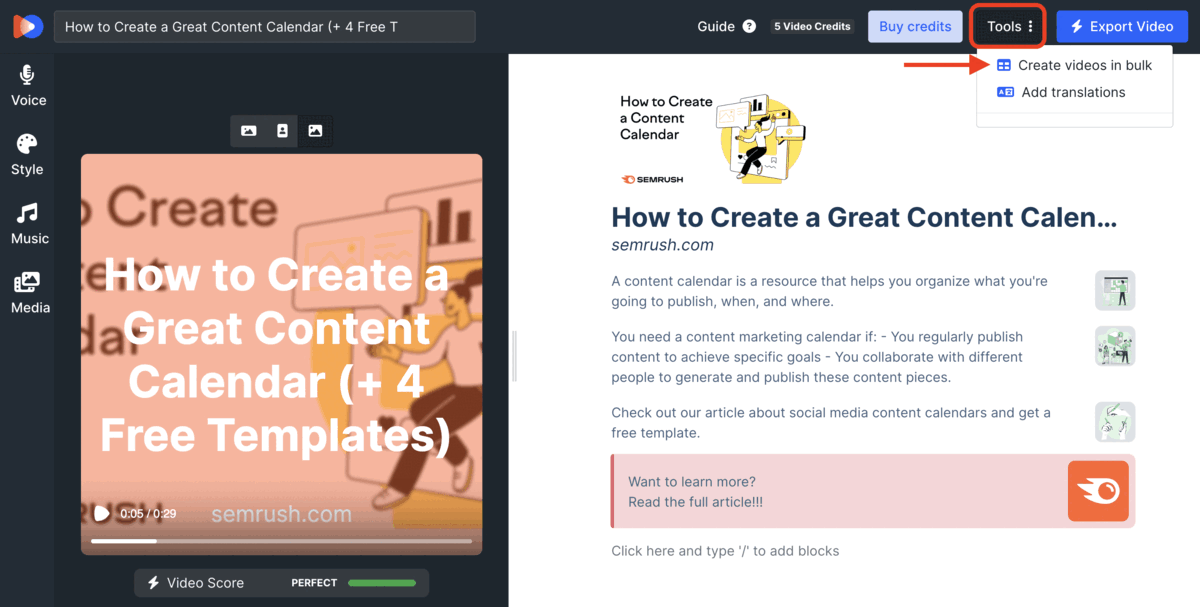 How to open the Create videos in bulk widget and what it looks like.