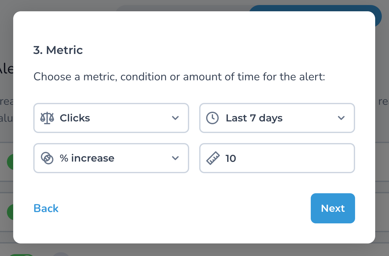 Choosing metric, time frame, condition, and value for the alert settings step.