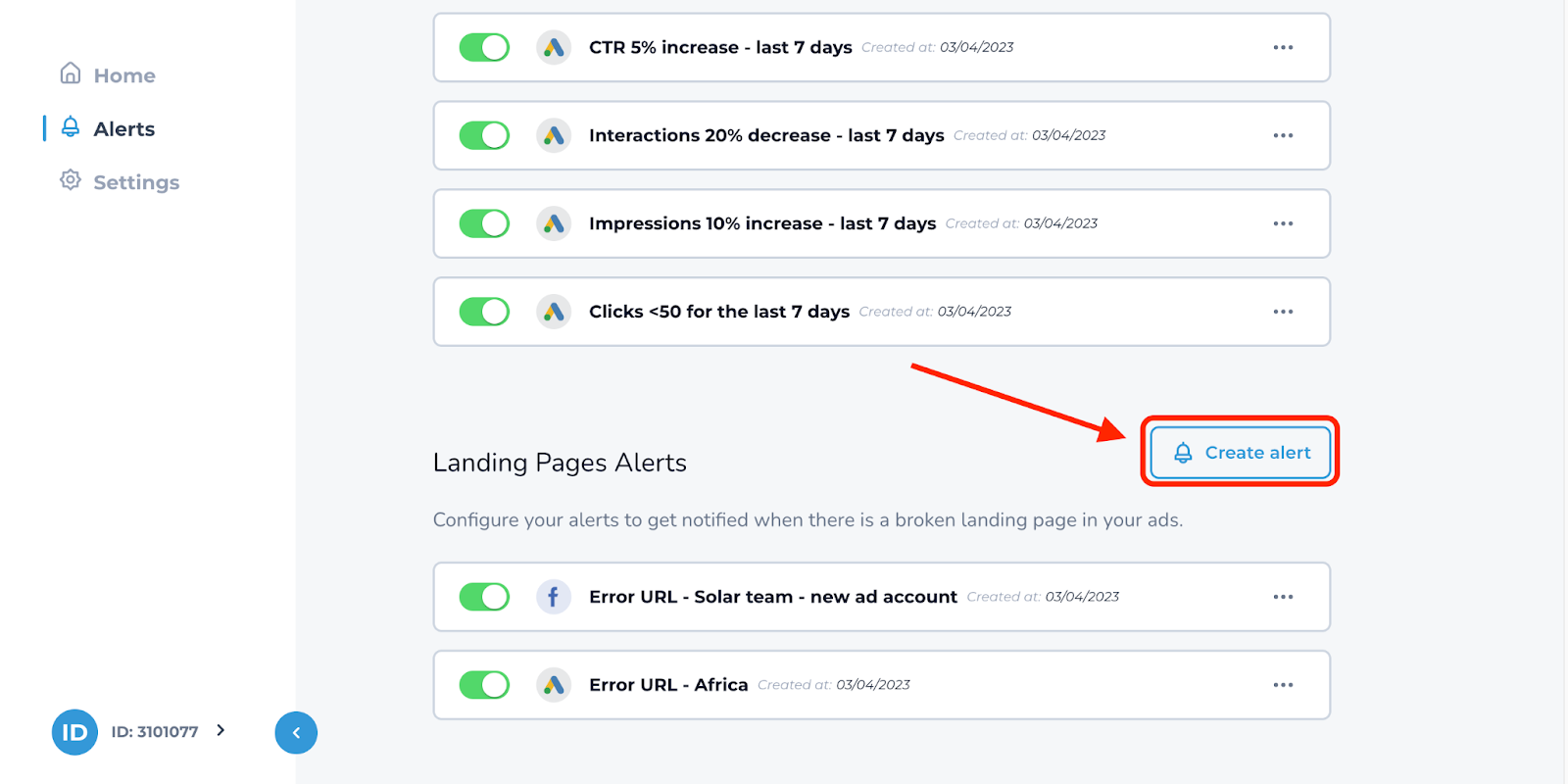 Where the Create alert button for the landing pages can be found.