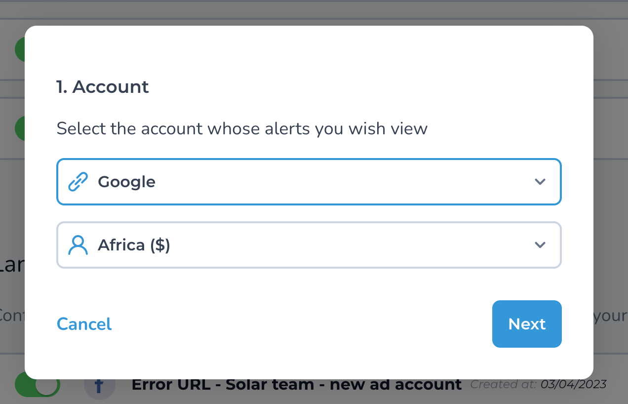 Selecting a platform and account for a landing page alert.