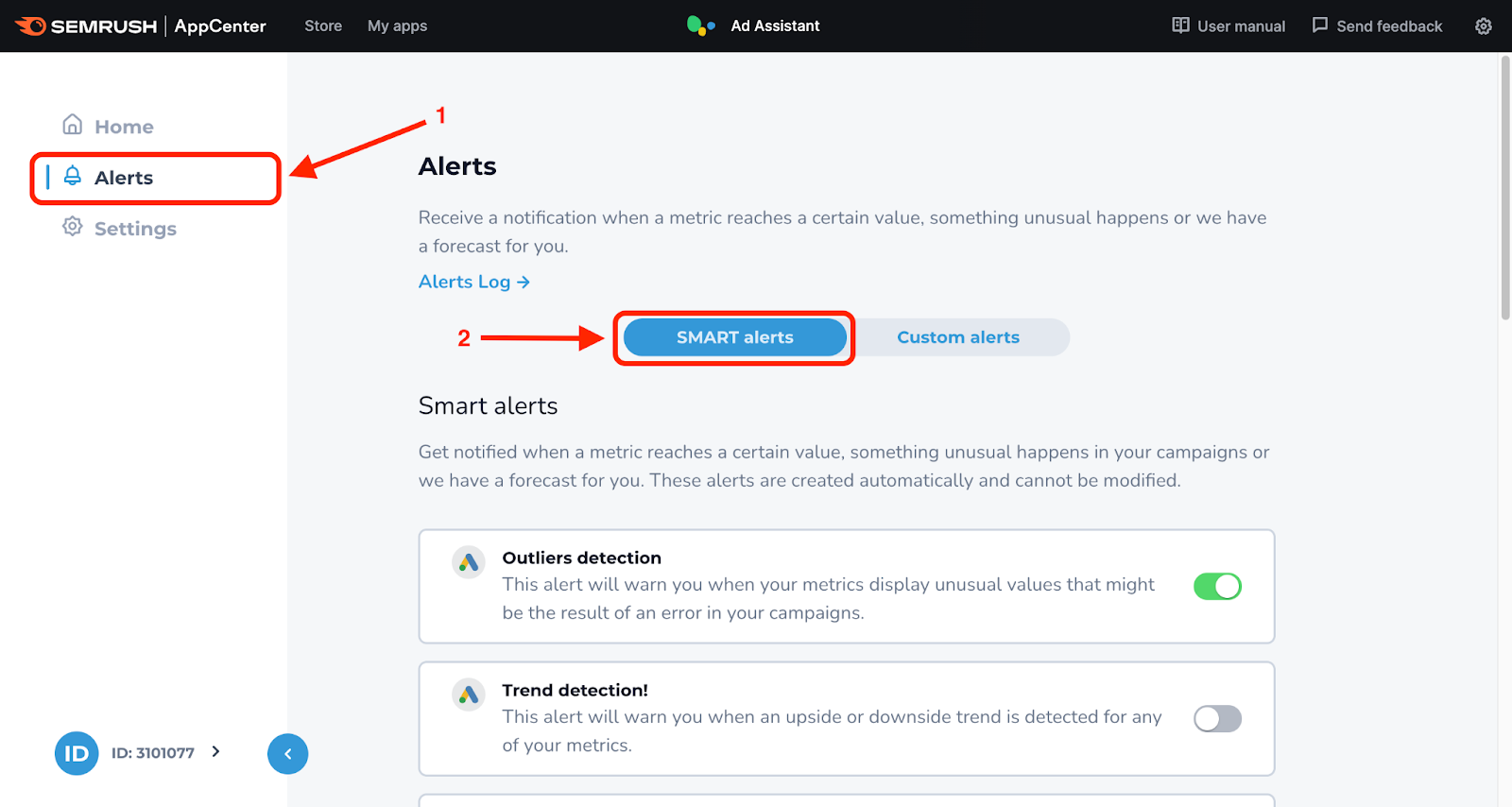 Choosing the Smart alert option in the Alerts tab.