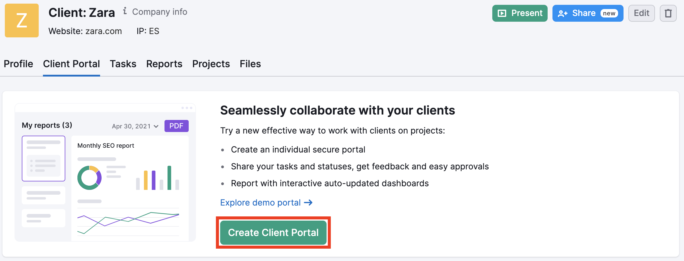 Go to the Client portal tab and click the button to create a portal. 