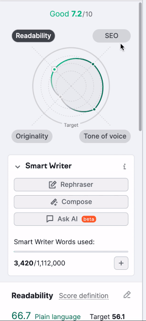 Change recommendations within SEO Writing Assistant by clicking the Edit button next to the SEO section and entering new target keywords.