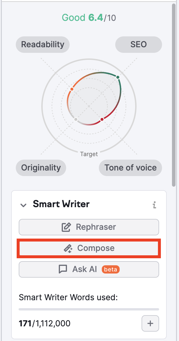 The Compose with AI feature is found under the "Smart Writer Words" section.