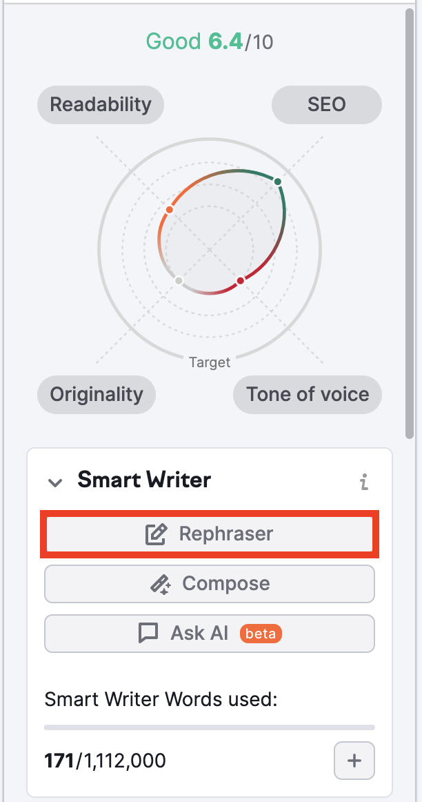 The Rephraser feature is found under the "Smart Writer Words" section.